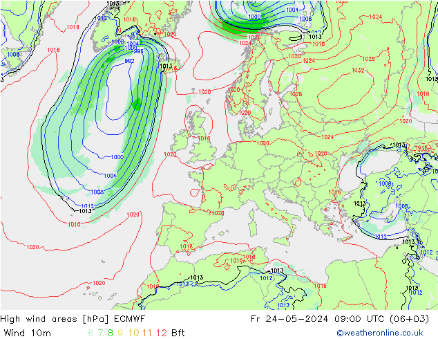 High wind areas ECMWF пт 24.05.2024 09 UTC