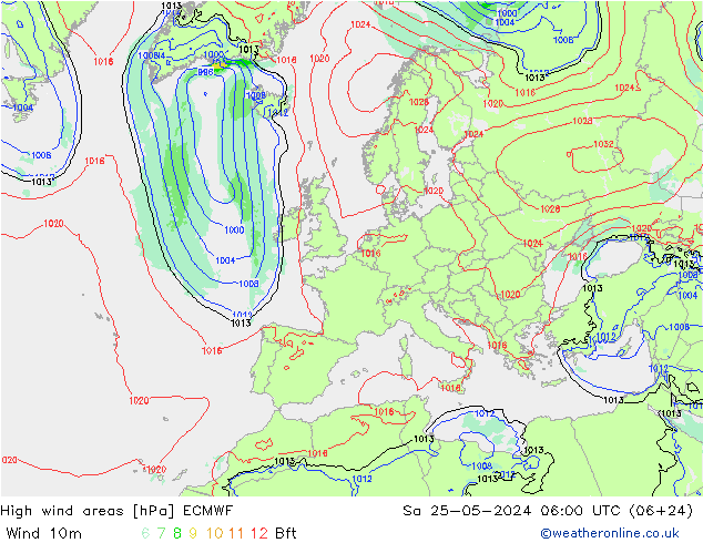 High wind areas ECMWF Sáb 25.05.2024 06 UTC