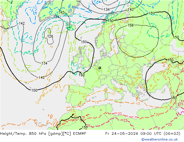 Geop./Temp. 850 hPa ECMWF vie 24.05.2024 09 UTC