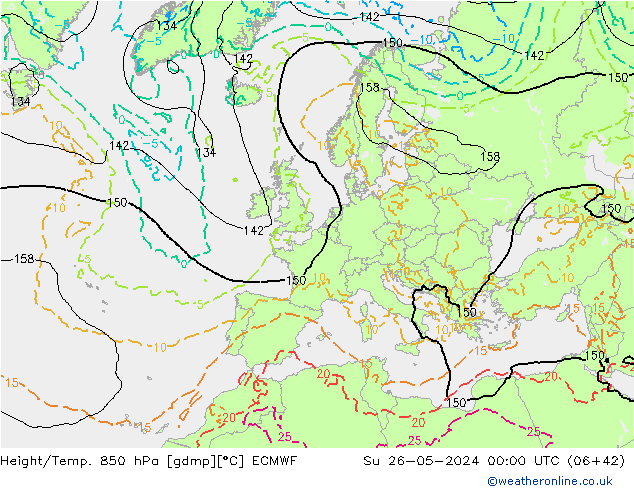 Z500/Yağmur (+YB)/Z850 ECMWF Paz 26.05.2024 00 UTC