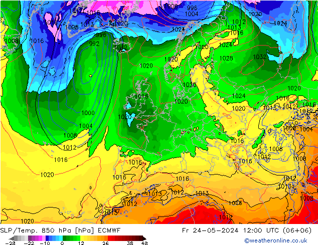 SLP/Temp. 850 hPa ECMWF pt. 24.05.2024 12 UTC