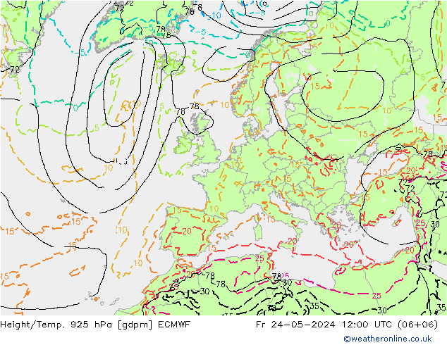 Height/Temp. 925 hPa ECMWF Fr 24.05.2024 12 UTC