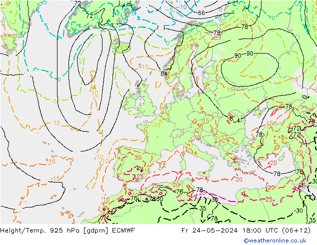 Height/Temp. 925 hPa ECMWF Fr 24.05.2024 18 UTC