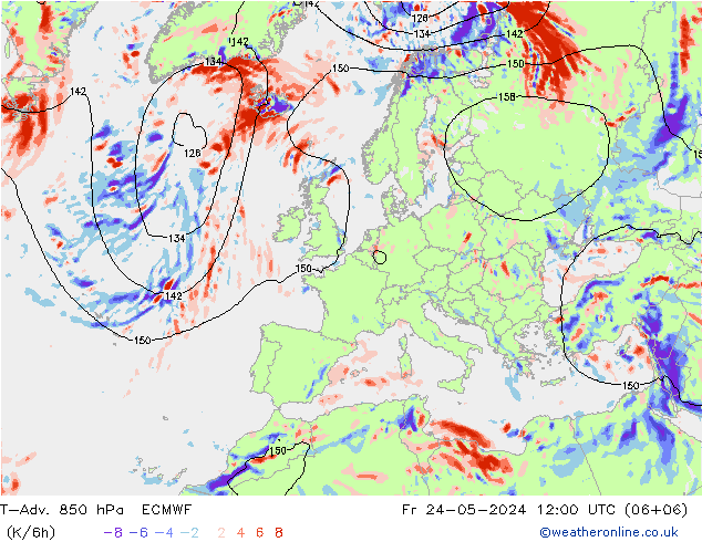 T-Adv. 850 hPa ECMWF Fr 24.05.2024 12 UTC