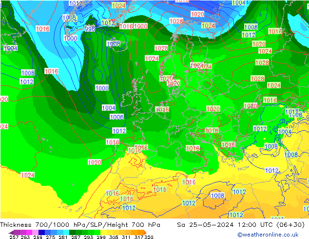 Thck 700-1000 гПа ECMWF сб 25.05.2024 12 UTC