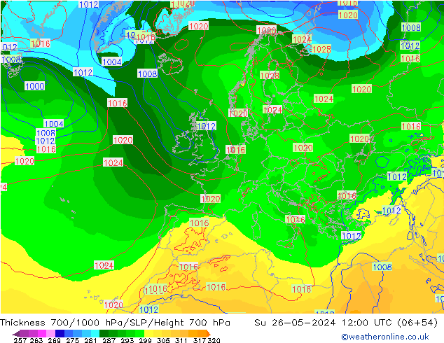 Thck 700-1000 hPa ECMWF dim 26.05.2024 12 UTC