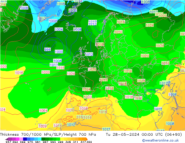 Thck 700-1000 hPa ECMWF Tu 28.05.2024 00 UTC