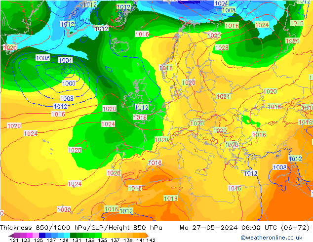 Thck 850-1000 гПа ECMWF пн 27.05.2024 06 UTC