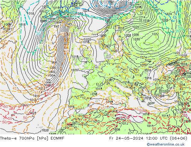 Theta-e 700hPa ECMWF Pá 24.05.2024 12 UTC