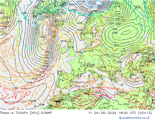 Theta-e 700hPa ECMWF Fr 24.05.2024 18 UTC