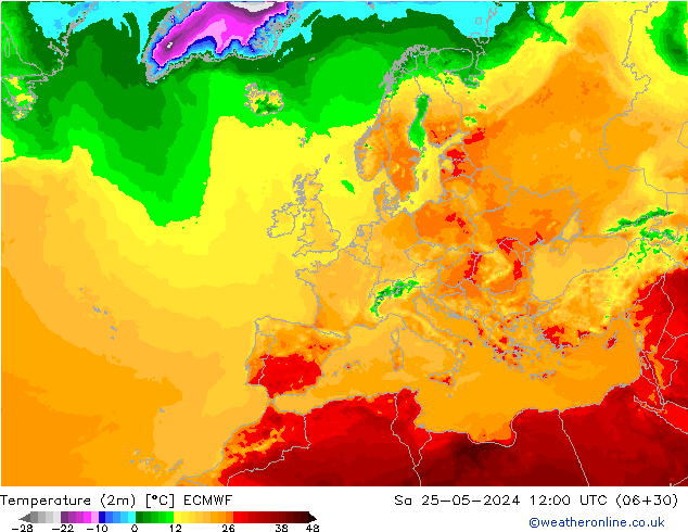 Temperature (2m) ECMWF Sa 25.05.2024 12 UTC