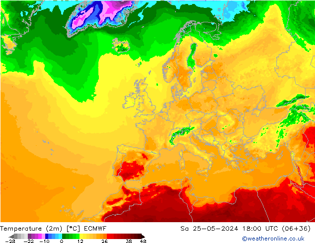 Temperature (2m) ECMWF Sa 25.05.2024 18 UTC