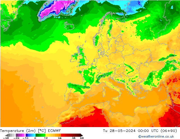 Temperatuurkaart (2m) ECMWF di 28.05.2024 00 UTC
