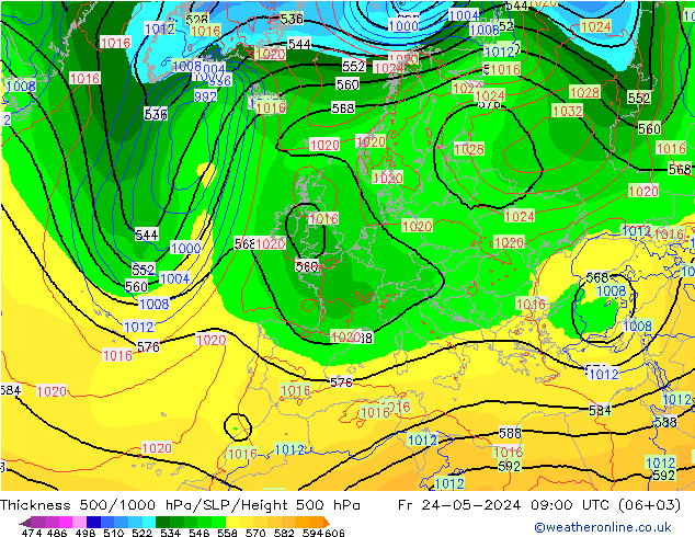 Thck 500-1000hPa ECMWF Fr 24.05.2024 09 UTC