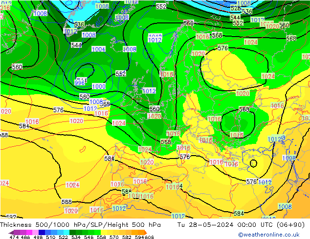 Dikte 500-1000hPa ECMWF di 28.05.2024 00 UTC