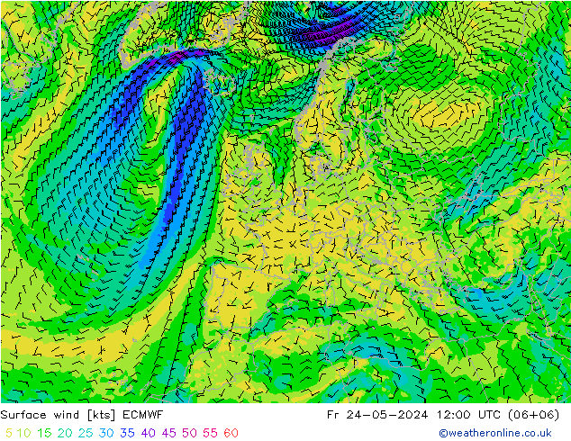 Surface wind ECMWF Pá 24.05.2024 12 UTC