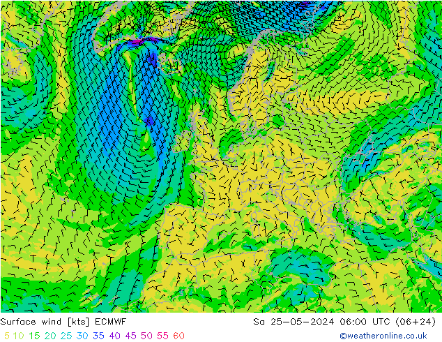 wiatr 10 m ECMWF so. 25.05.2024 06 UTC