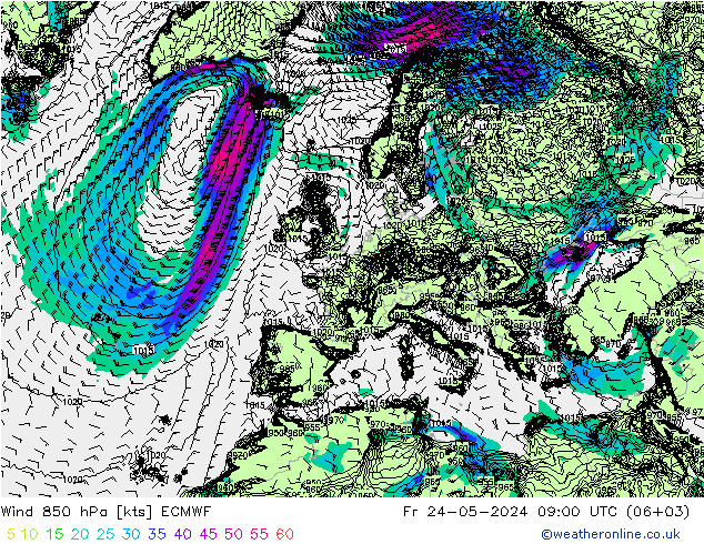 Wind 850 hPa ECMWF Pá 24.05.2024 09 UTC