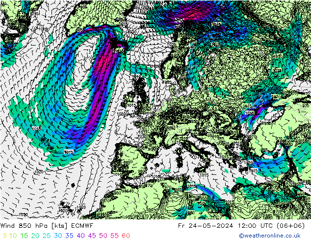 wiatr 850 hPa ECMWF pt. 24.05.2024 12 UTC