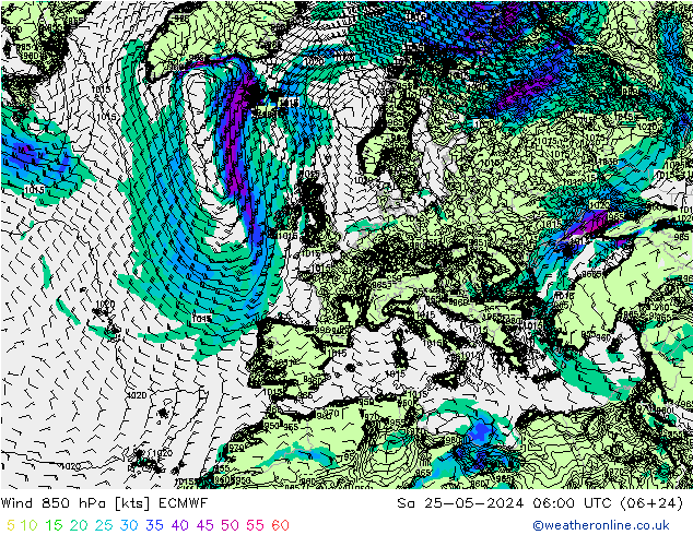 Wind 850 hPa ECMWF Sa 25.05.2024 06 UTC