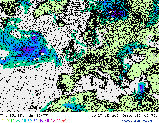 Wind 850 hPa ECMWF Mo 27.05.2024 06 UTC