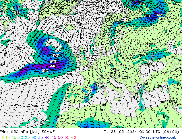 Wind 950 hPa ECMWF Út 28.05.2024 00 UTC