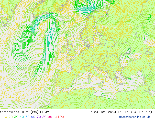 Streamlines 10m ECMWF Fr 24.05.2024 09 UTC