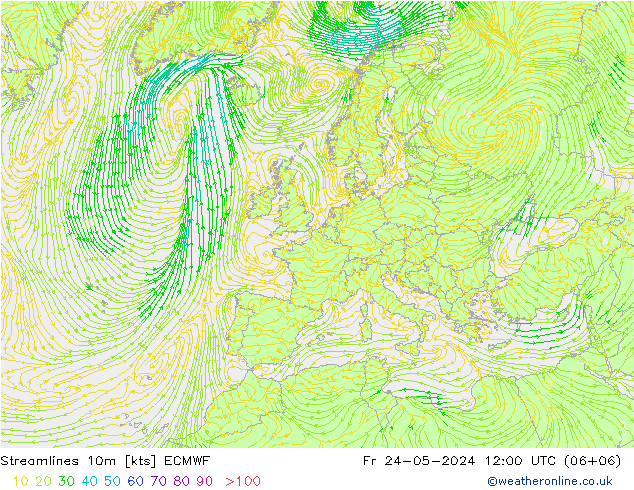 Streamlines 10m ECMWF Pá 24.05.2024 12 UTC