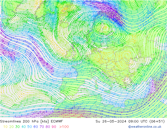 Linia prądu 200 hPa ECMWF nie. 26.05.2024 09 UTC