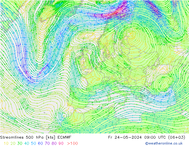 ветер 500 гПа ECMWF пт 24.05.2024 09 UTC