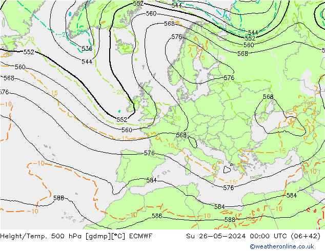 Z500/Rain (+SLP)/Z850 ECMWF Dom 26.05.2024 00 UTC