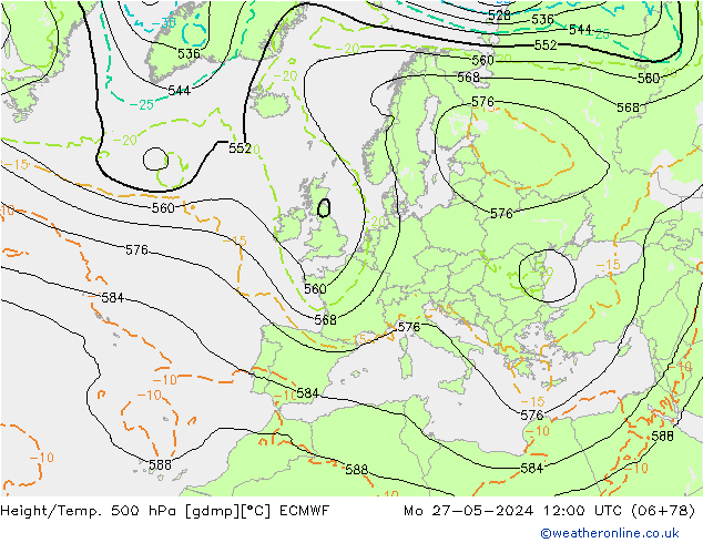 Z500/Rain (+SLP)/Z850 ECMWF Mo 27.05.2024 12 UTC