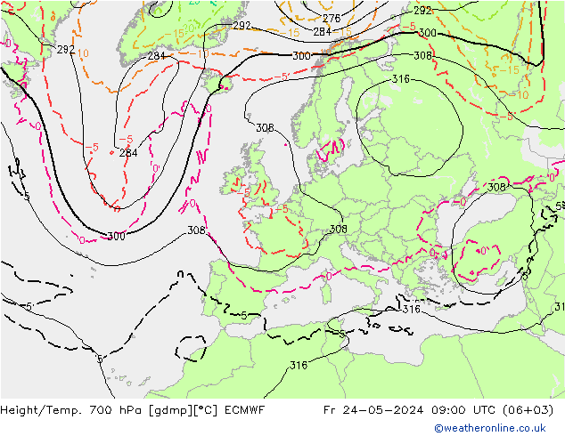 Hoogte/Temp. 700 hPa ECMWF vr 24.05.2024 09 UTC