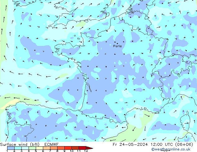 ве�Bе�@ 10 m (bft) ECMWF пт 24.05.2024 12 UTC