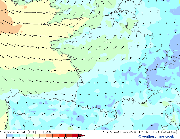 Surface wind (bft) ECMWF Su 26.05.2024 12 UTC