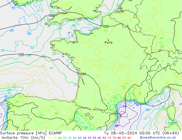 Isotachen (km/h) ECMWF di 28.05.2024 00 UTC