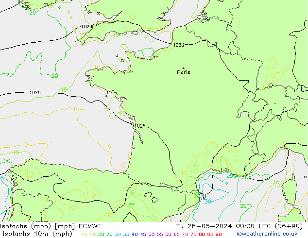 Isotachs (mph) ECMWF mar 28.05.2024 00 UTC