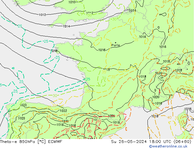 Theta-e 850hPa ECMWF Su 26.05.2024 18 UTC