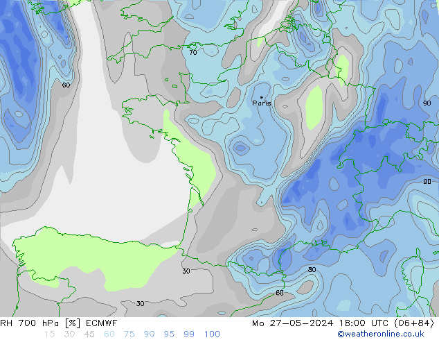 Humidité rel. 700 hPa ECMWF lun 27.05.2024 18 UTC