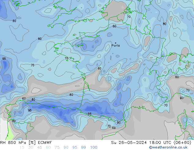 RH 850 hPa ECMWF dom 26.05.2024 18 UTC