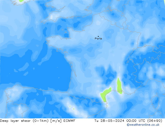 Deep layer shear (0-1km) ECMWF mar 28.05.2024 00 UTC