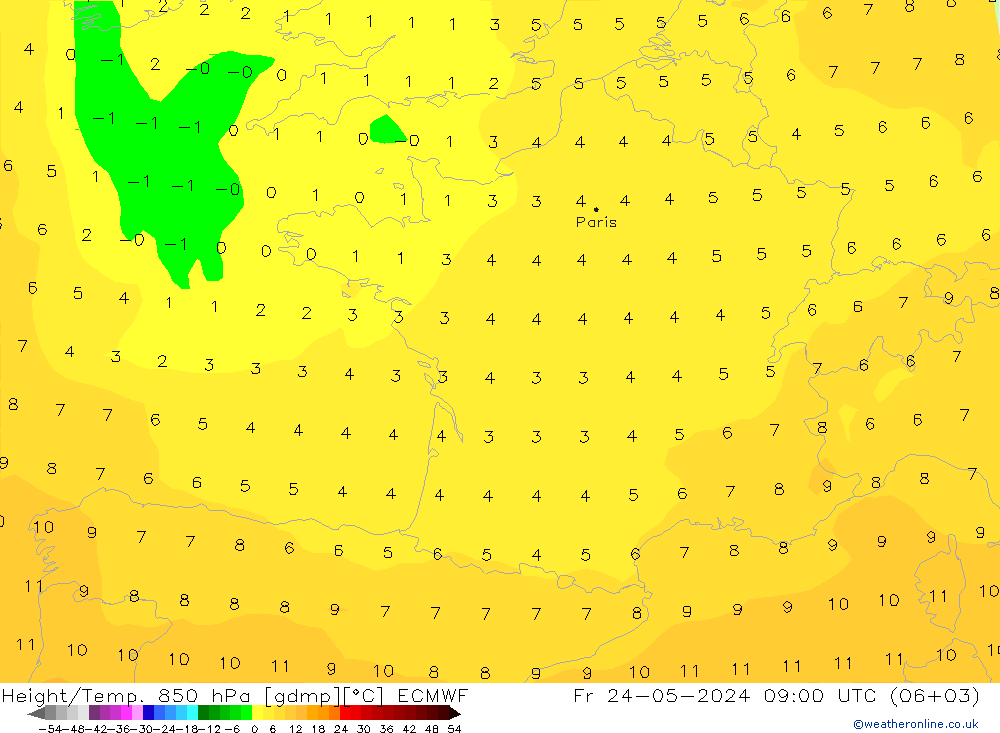 Height/Temp. 850 hPa ECMWF Fr 24.05.2024 09 UTC