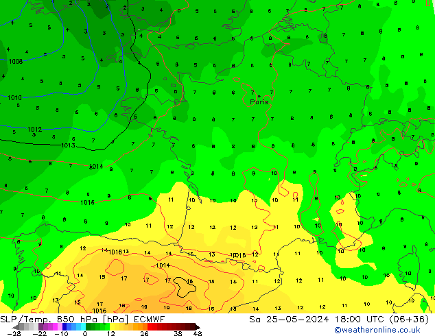 SLP/Temp. 850 hPa ECMWF Sa 25.05.2024 18 UTC