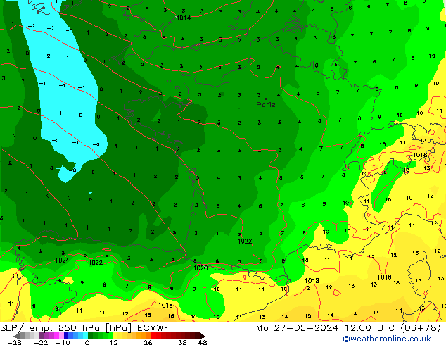 SLP/Temp. 850 hPa ECMWF  27.05.2024 12 UTC