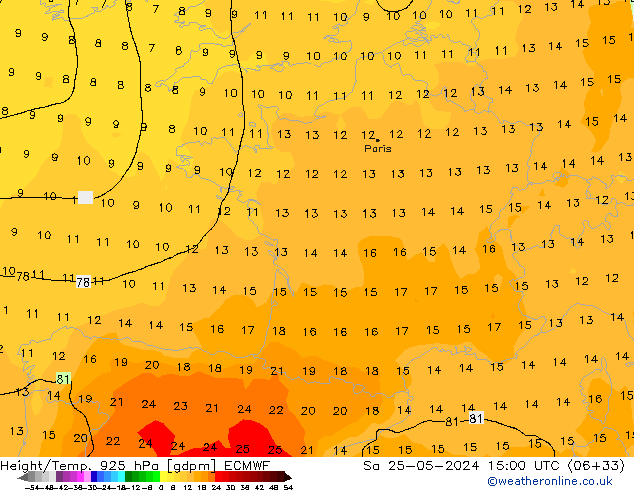 Height/Temp. 925 hPa ECMWF Sa 25.05.2024 15 UTC