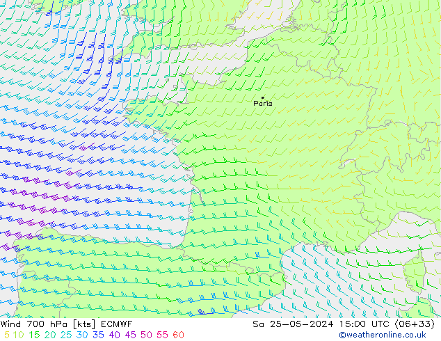 Wind 700 hPa ECMWF Sa 25.05.2024 15 UTC