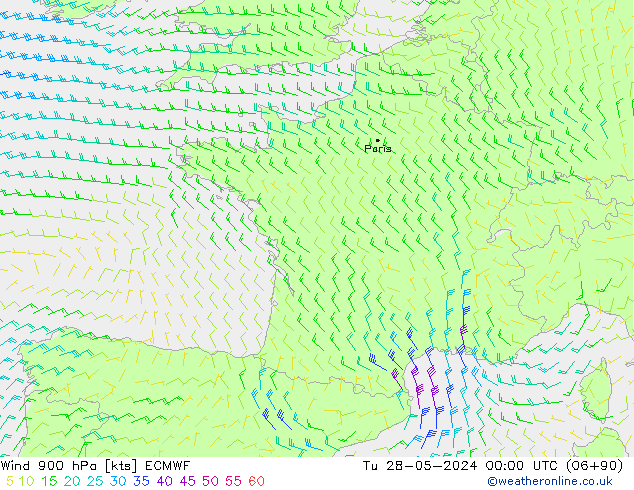 Wind 900 hPa ECMWF Út 28.05.2024 00 UTC