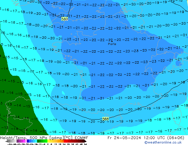 Z500/Rain (+SLP)/Z850 ECMWF Fr 24.05.2024 12 UTC