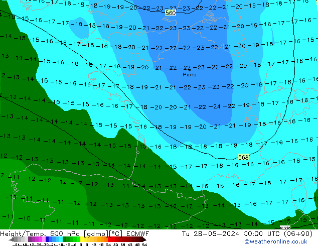 Height/Temp. 500 hPa ECMWF Út 28.05.2024 00 UTC