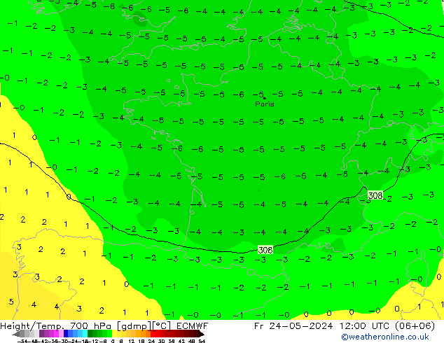 Height/Temp. 700 hPa ECMWF Fr 24.05.2024 12 UTC